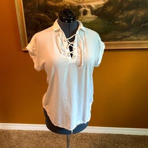 White cotton lace up shirt Women cloth and stone cuff sleeve boho side split